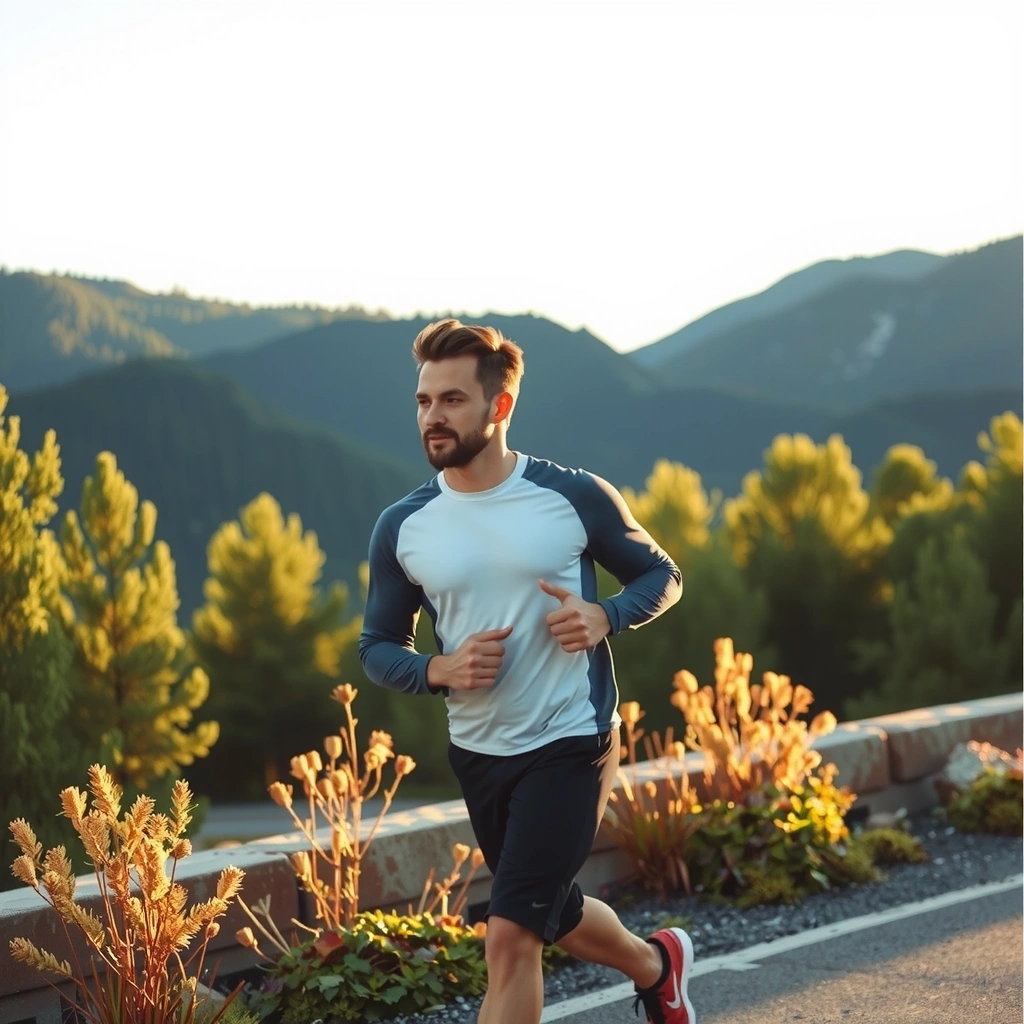 Homem a correr ao ar livre numa paisagem natural serena