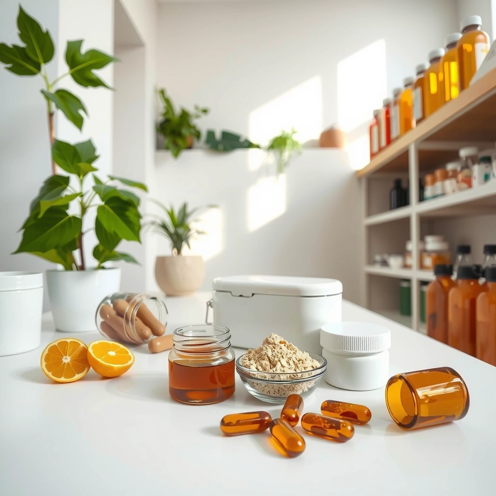 Laboratório moderno com ingredientes naturais e suplementos